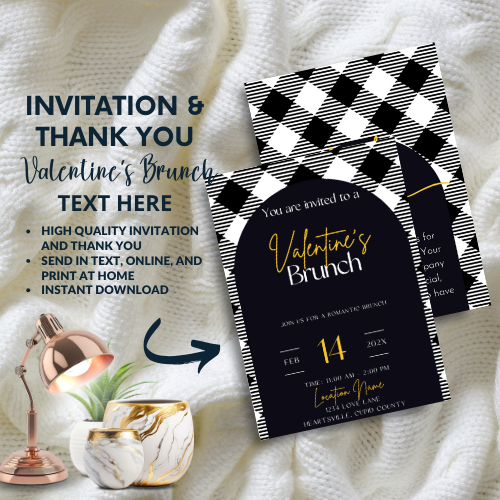 Editable Black Plaid Valentine's Brunch Invitation Template – Digital Download