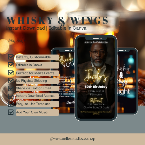 Whiskey & Wings Animated Invite | Masculine Event Template | Editable  Instant Download