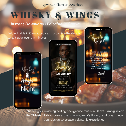 Whiskey & Wings Animated Invite | Masculine Event Template | Editable  Instant Download