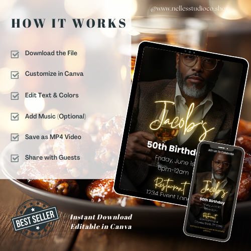 Whiskey & Wings Animated Invite | Masculine Event Template | Editable  Instant Download