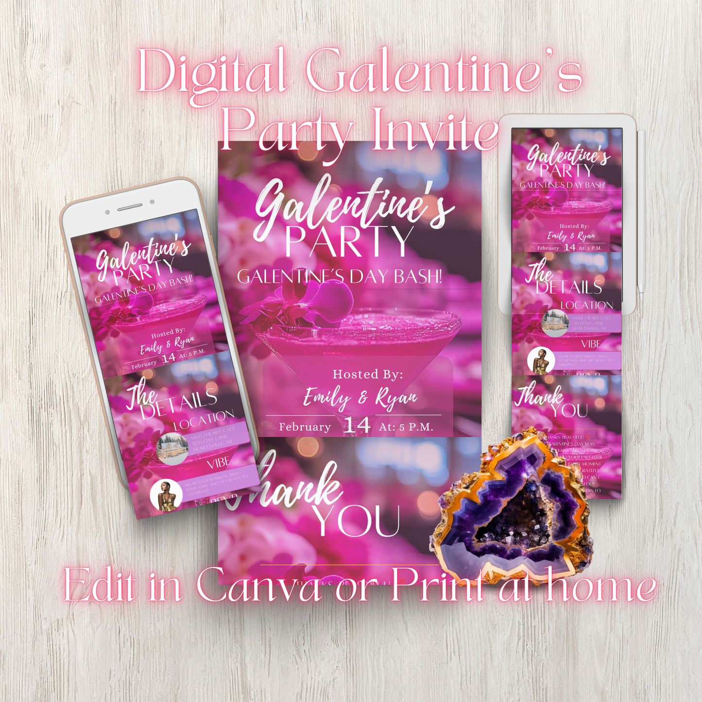 Pink Galentine’s Day Animated Invite | Customizable Template & Thank You Card | Instant Download