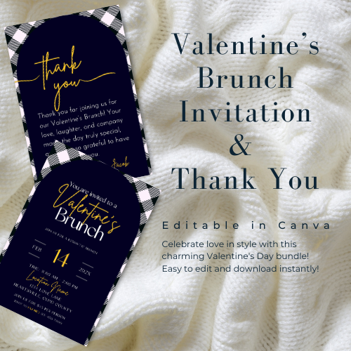 Blue Plaid Valentine’s Brunch Invite & Thank You Card | Romantic Digital Event Template