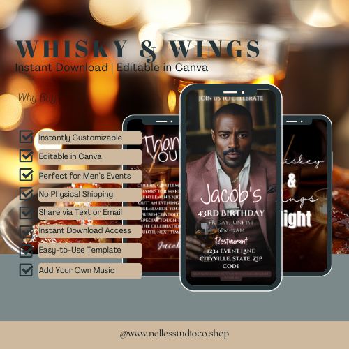 Editable Whiskey & Wings Animated Invite | Men’s Event Template | Customizable & Instant Download