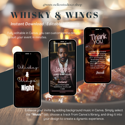 Editable Whiskey & Wings Animated Invite | Men’s Event Template | Customizable & Instant Download