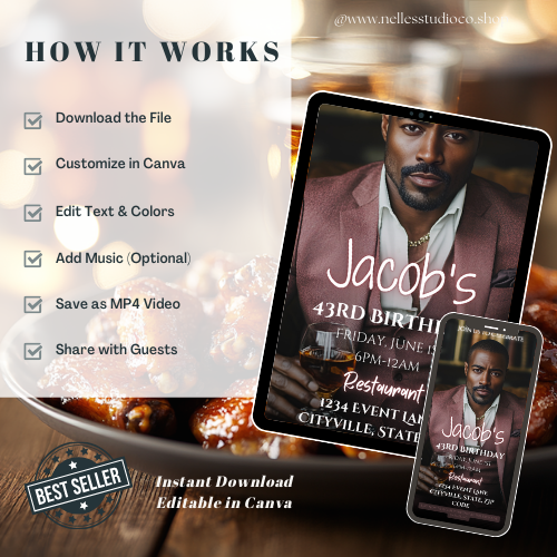 Editable Whiskey & Wings Animated Invite | Men’s Event Template | Customizable & Instant Download