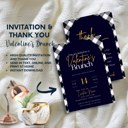 Blue Plaid Valentine’s Brunch Invite & Thank You Card | Romantic Digital Event Template